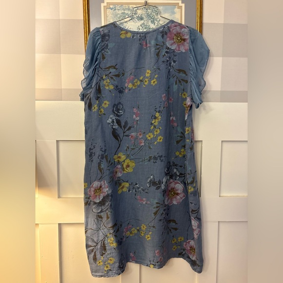 Italian Linen Floral Blue Dress Size Large - Picture 5 of 8